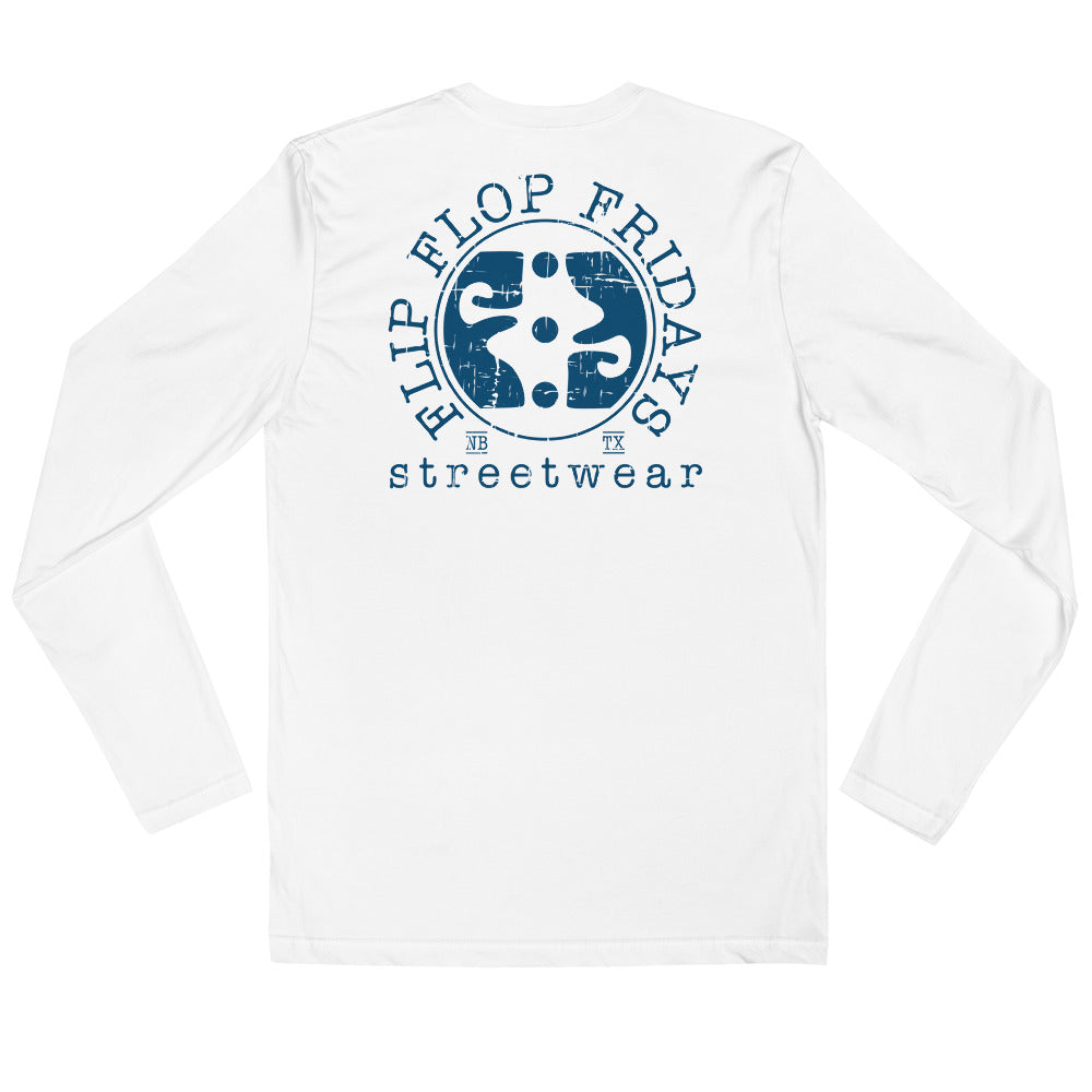 FLIP FLOP FRIDAYS STREETWEAR | NAVY ON WHITE - Next Level Long Sleeve Fitted Crew