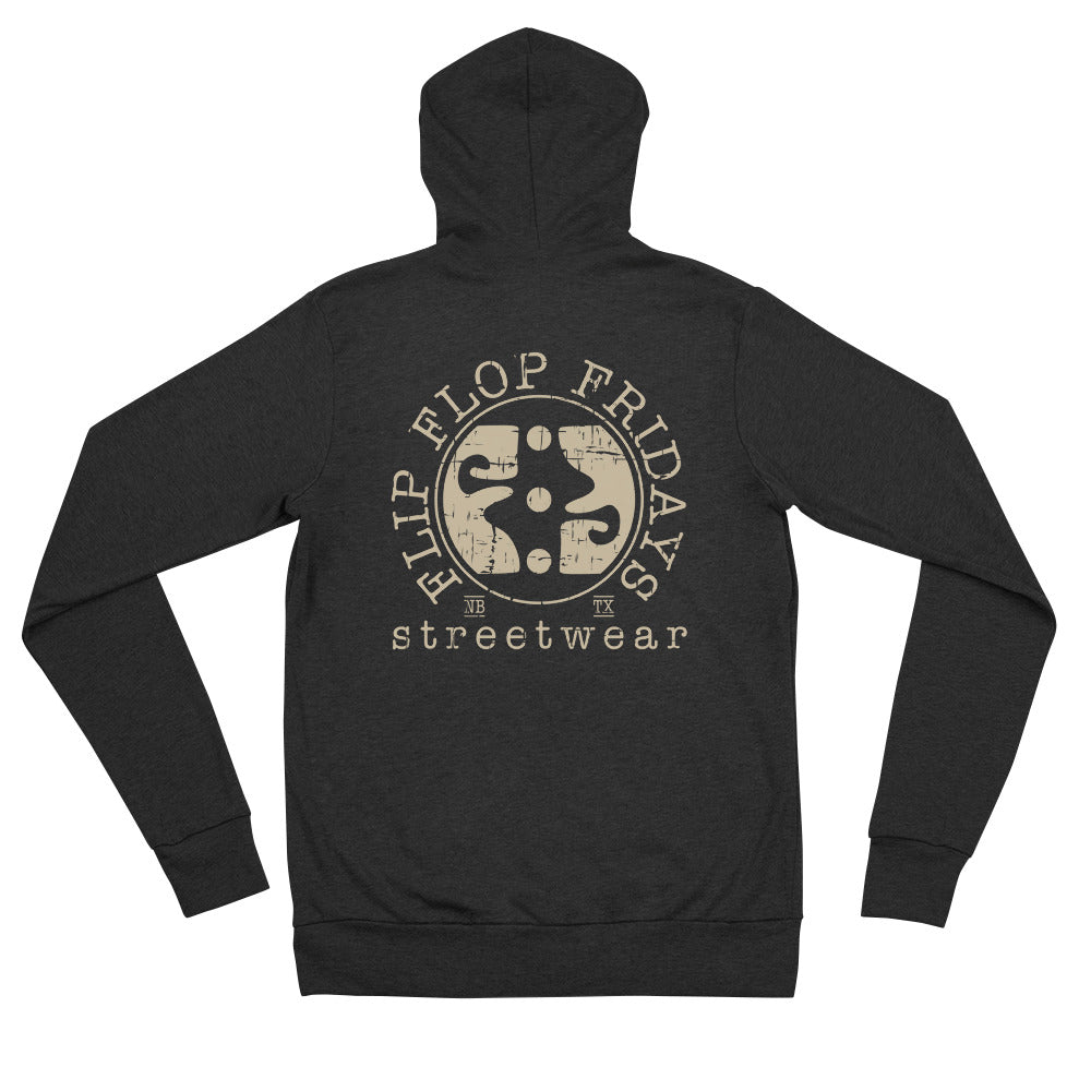 FLIP FLOP FRIDAYS STREETWEAR | CREAM ON HEATHER BLACK - Bella + Canvas Unisex zip hoodie