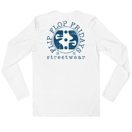 FLIP FLOP FRIDAYS STREETWEAR | NAVY ON WHITE - Next Level Long Sleeve Fitted Crew