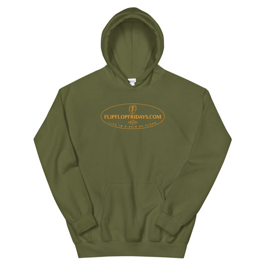 FLIPFLOPFRIDAYS.COM OVAL | ORANGE IMPRINT ON MILTARY GREEN - Gildan Unisex Hoodie