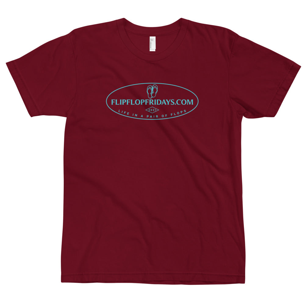 FLIPFLOPFRIDAYS.COM OVAL | TEAL PRINT ON CRANBERRY - American Apparel Short Sleeve T-Shirt